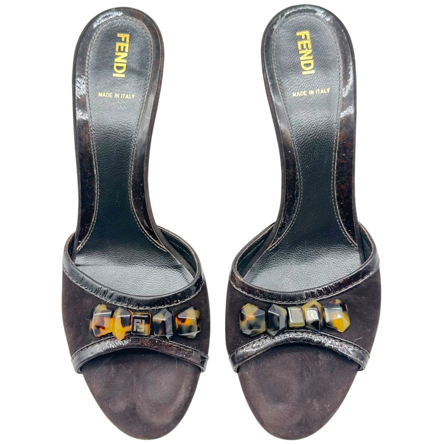 Fendi Brown Suede Tortoise Bead Embellished Kitten Heel Mules
