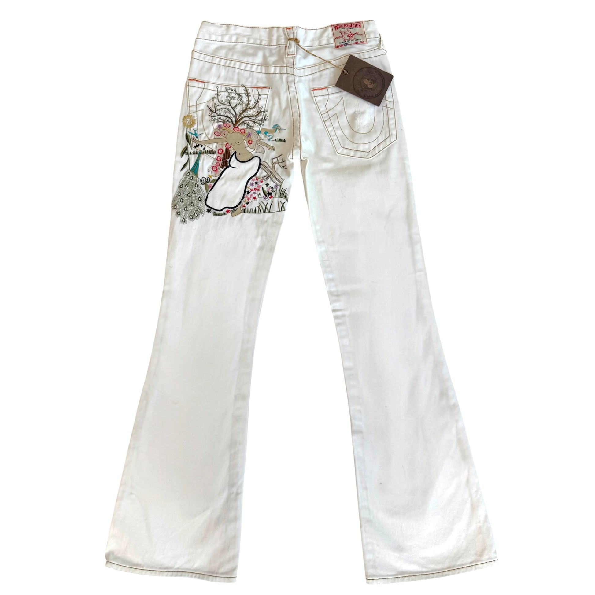True Religion White Low Rise Flare Jeans with Embroidery