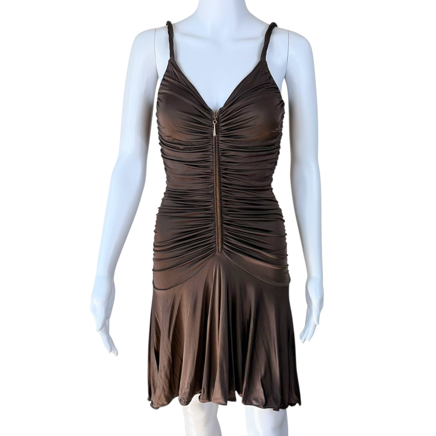 Blumarine Brown Silk Knit Zippered Mini Dress