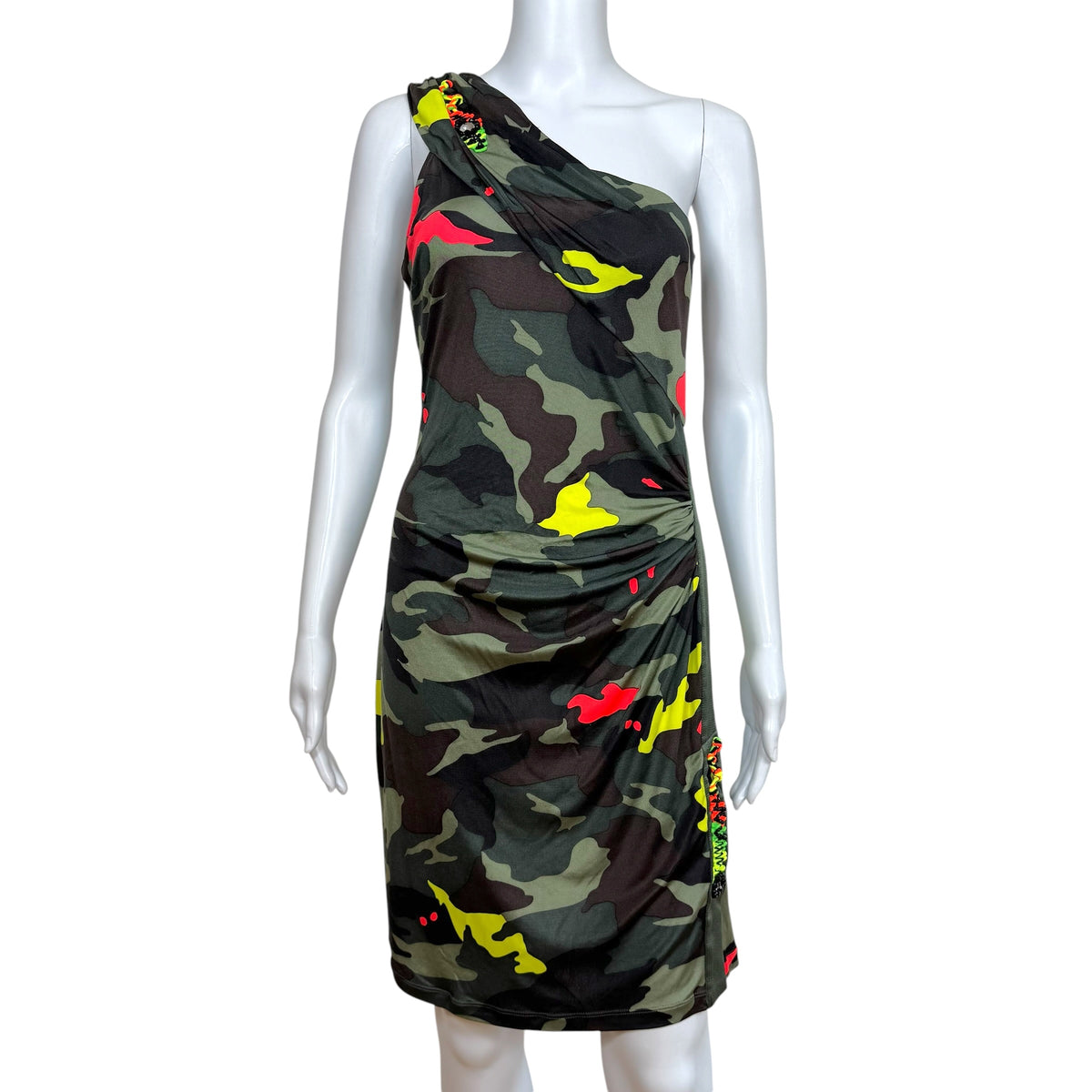 Blumarine Asymmetrical One Shoulder Midi Dress Neon Camouflage