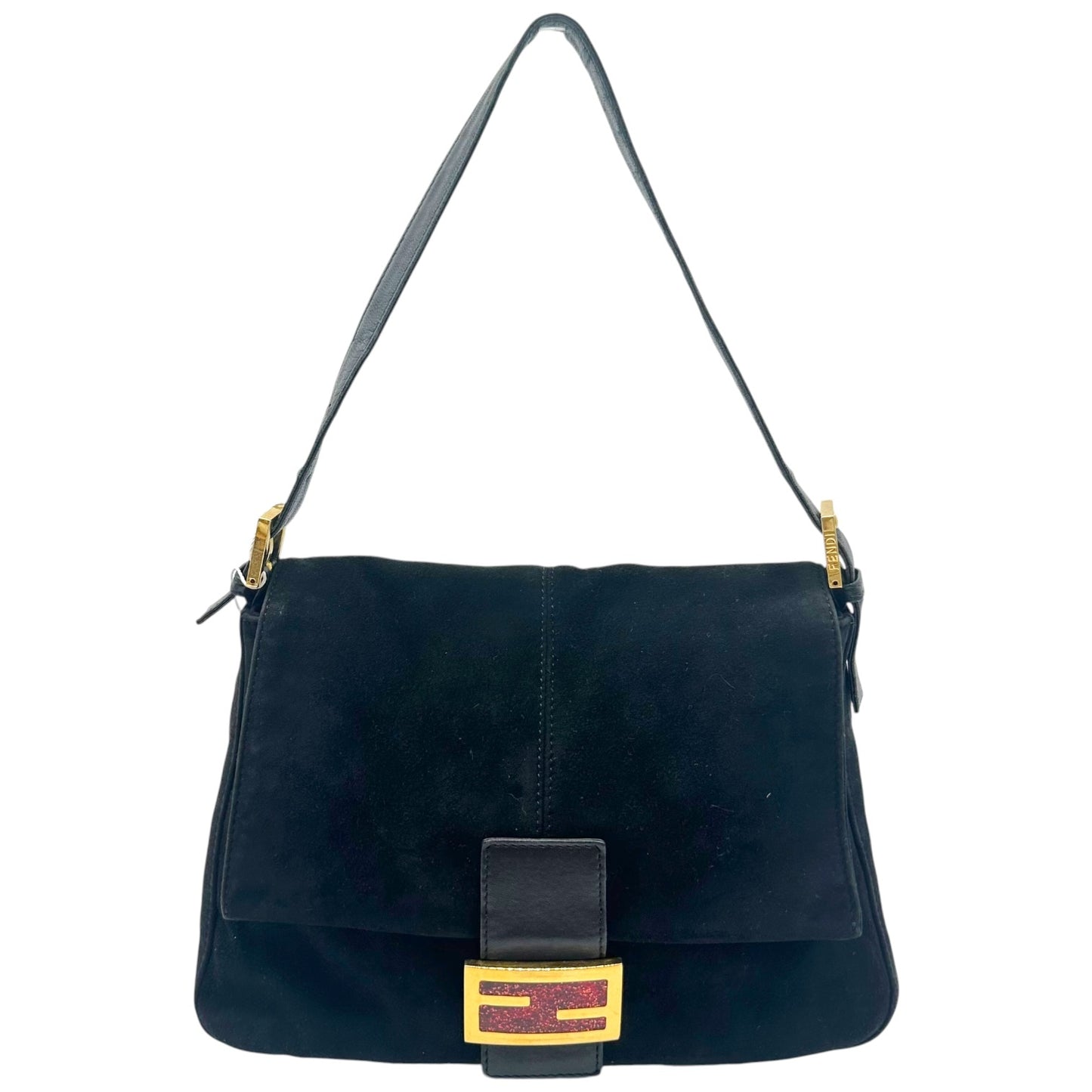 Fendi Black Suede Baguette Bag With Red Glitter Buckle