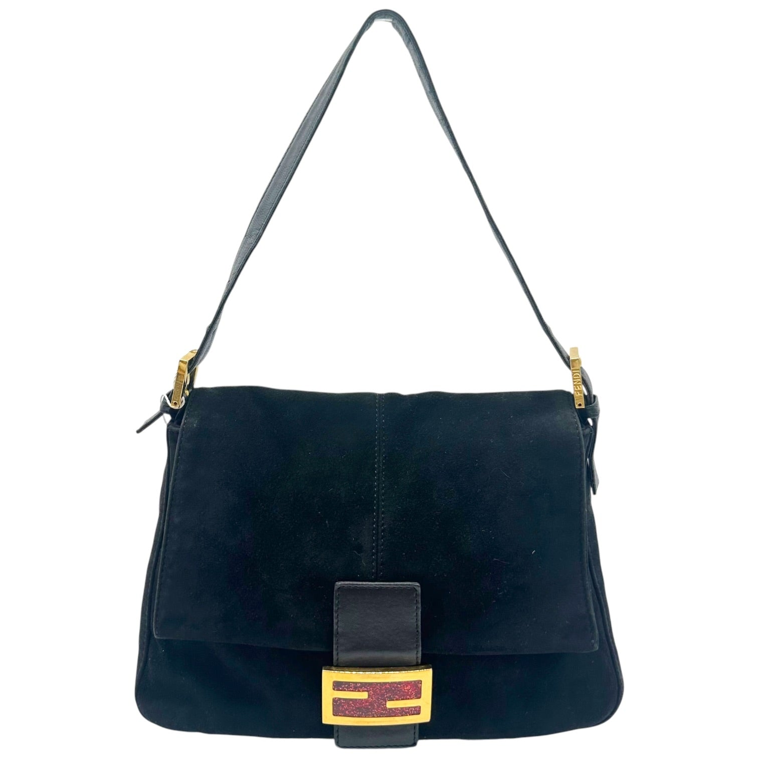 Fendi Black Suede Baguette Bag With Red Glitter Buckle