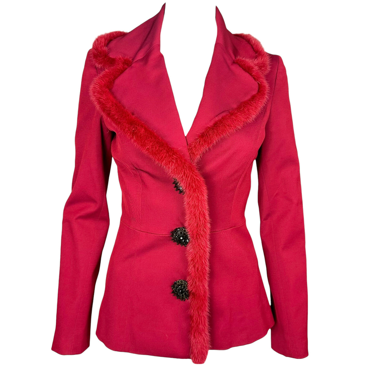 Blumarine Red Mini Jacket Fur Trim Crystal Buttons
