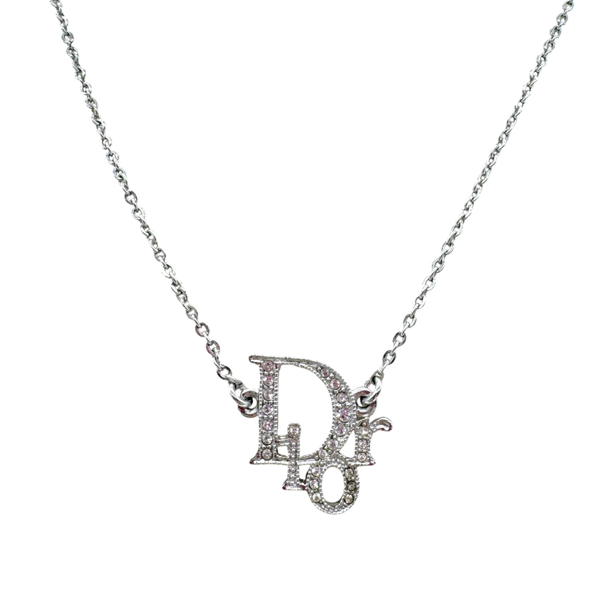 Christian Dior Silver Crystal Embellished Logo Necklace