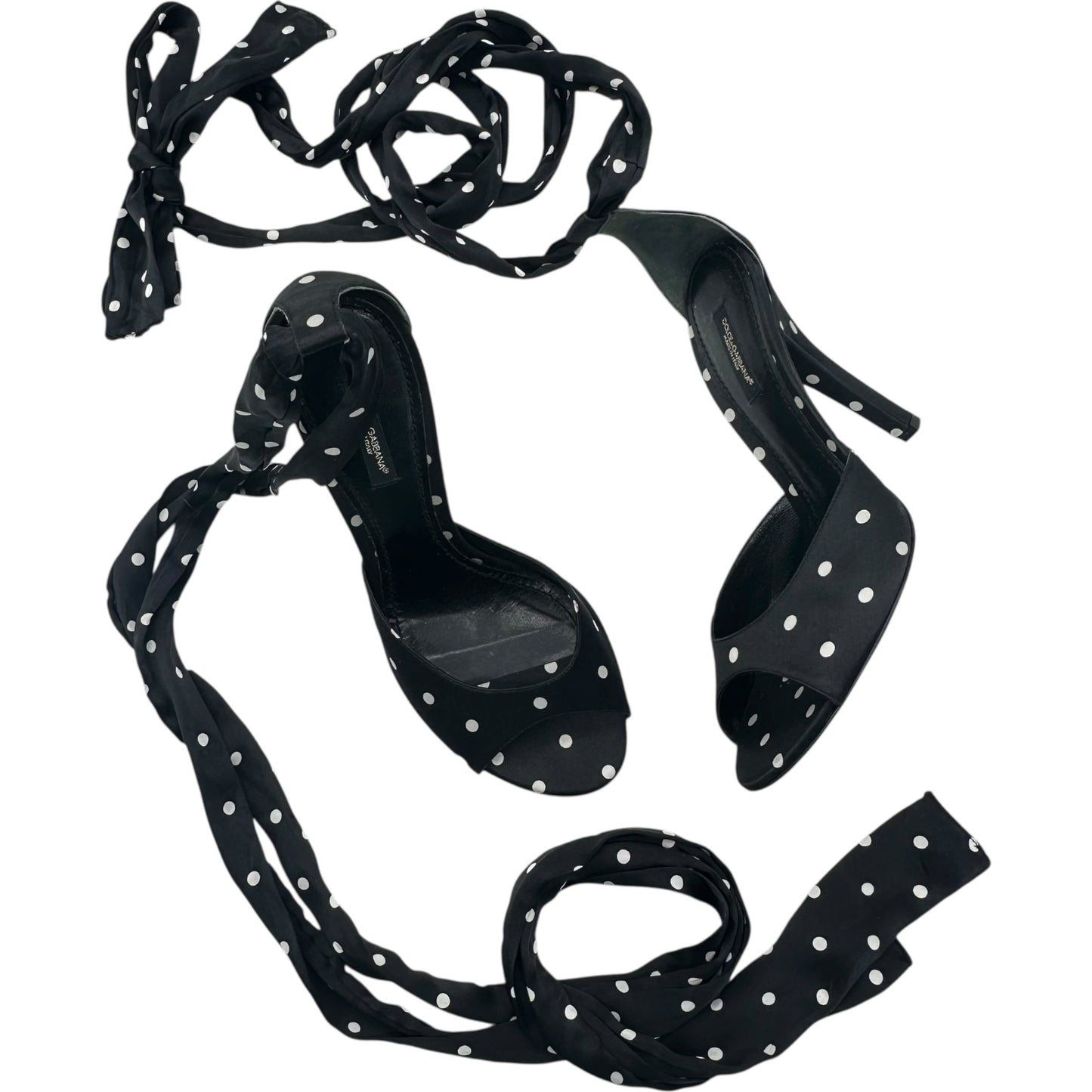 Dolce & Gabbana Black Polka Dot Silk Wrap Sandal Heels - Outfit Repeater