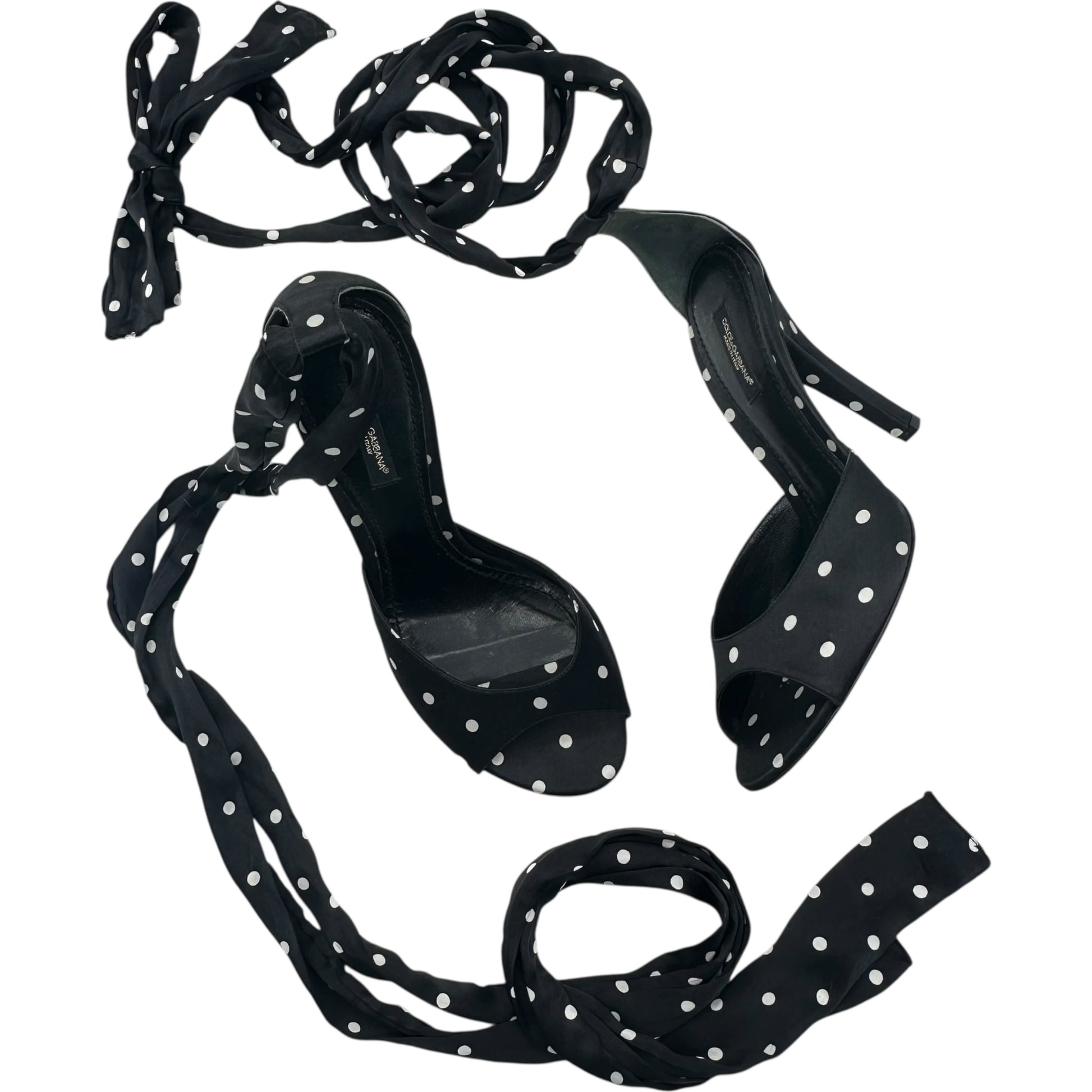 Dolce & Gabbana Black Polka Dot Silk Wrap Sandal Heels - Outfit Repeater