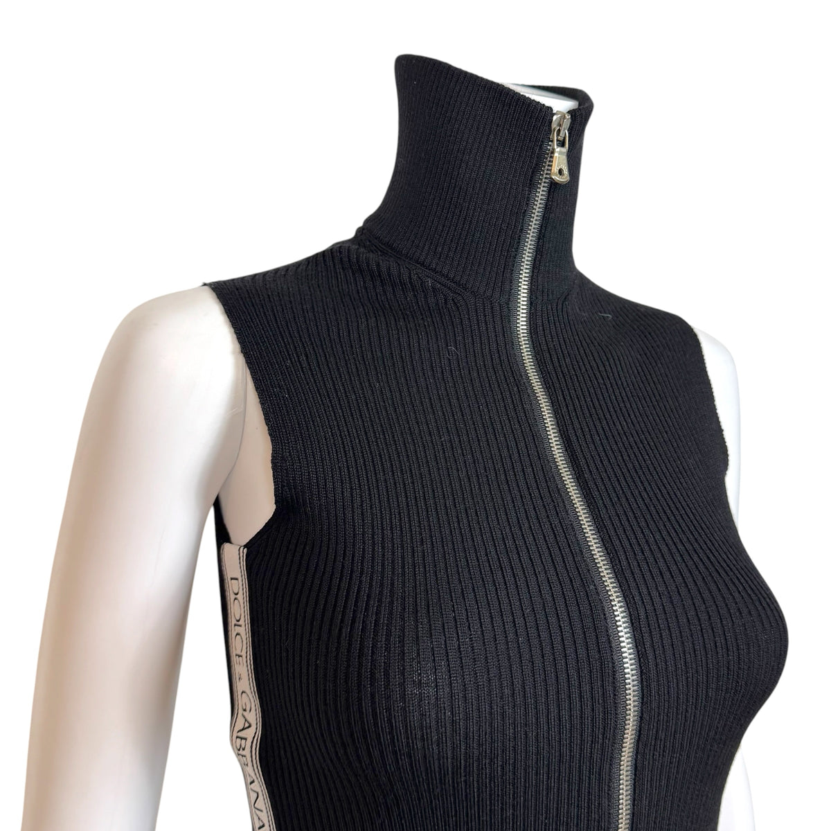 Dolce & Gabbana Black & White Logo Knit Sleeveless Zip-Up Top