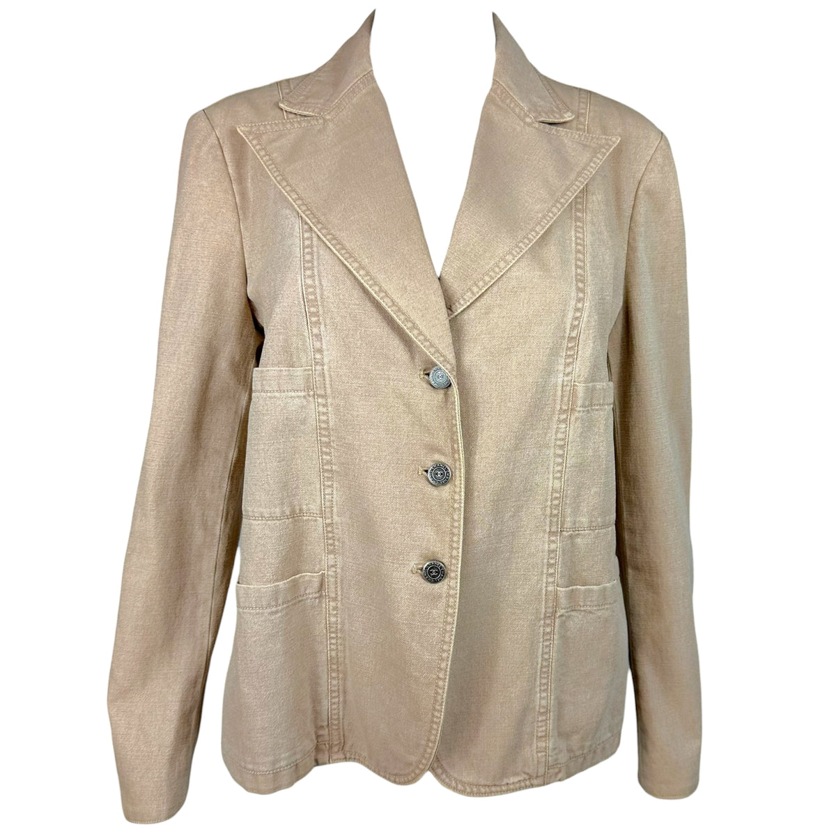 Chanel Blazer Jacket Light Brown Denim Notched Lapel