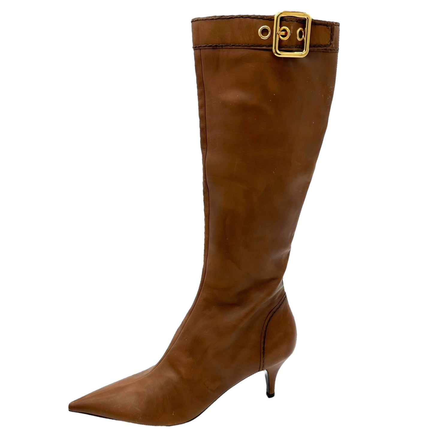 Prada Brown Leather Pointed Toe Heeled Boots