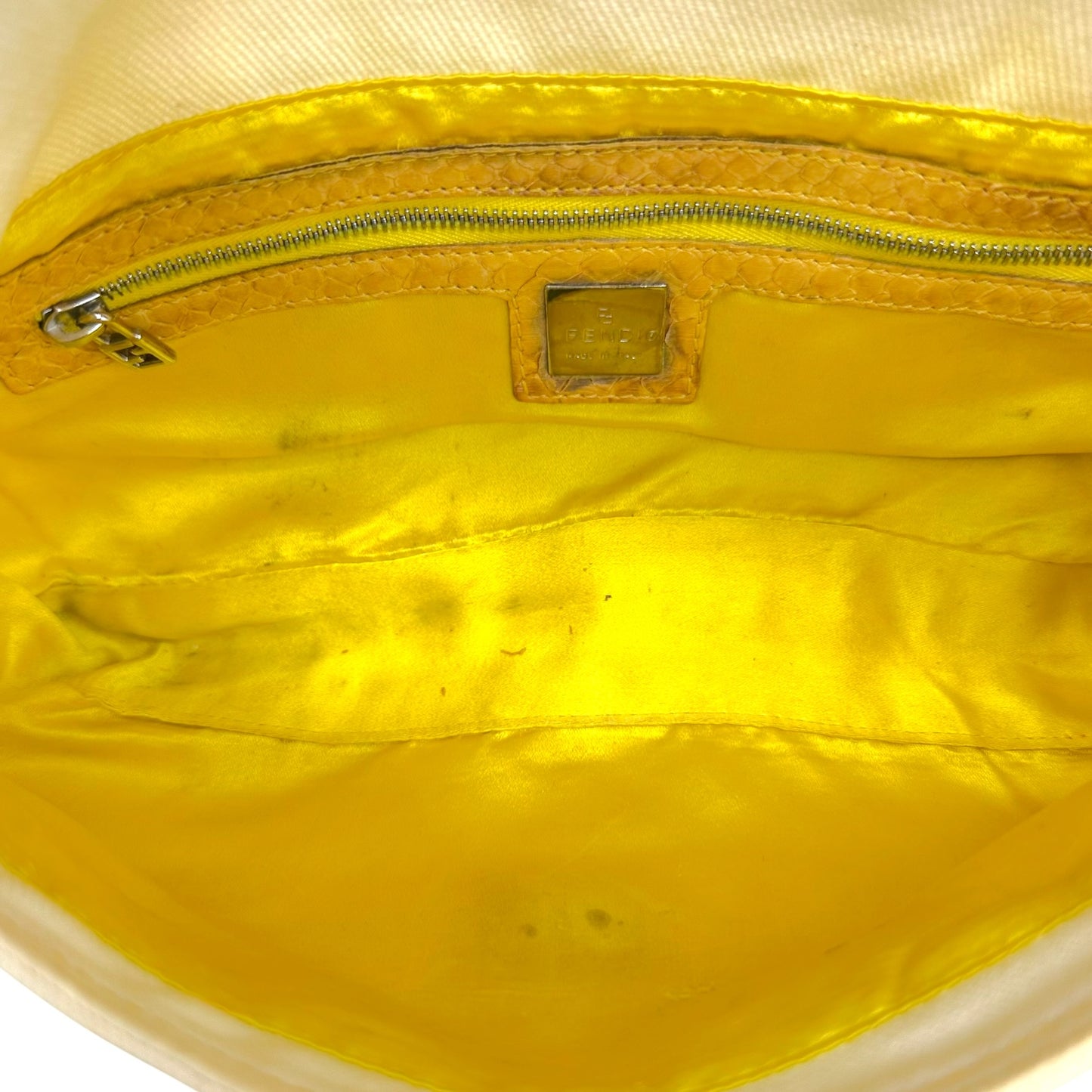 Fendi Baguette Bag White Denim Yellow Python Trim