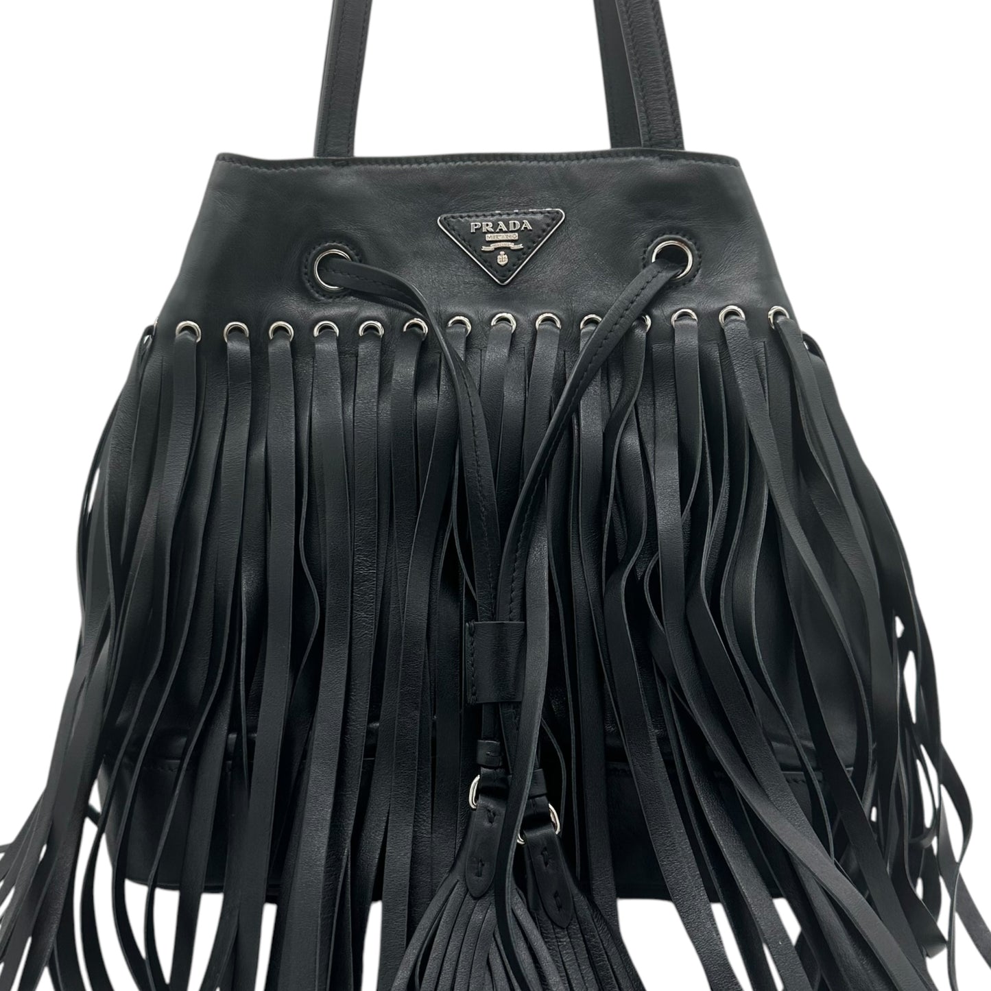 Prada Black Leather Fringe Bucket Bag - Outfit Repeater