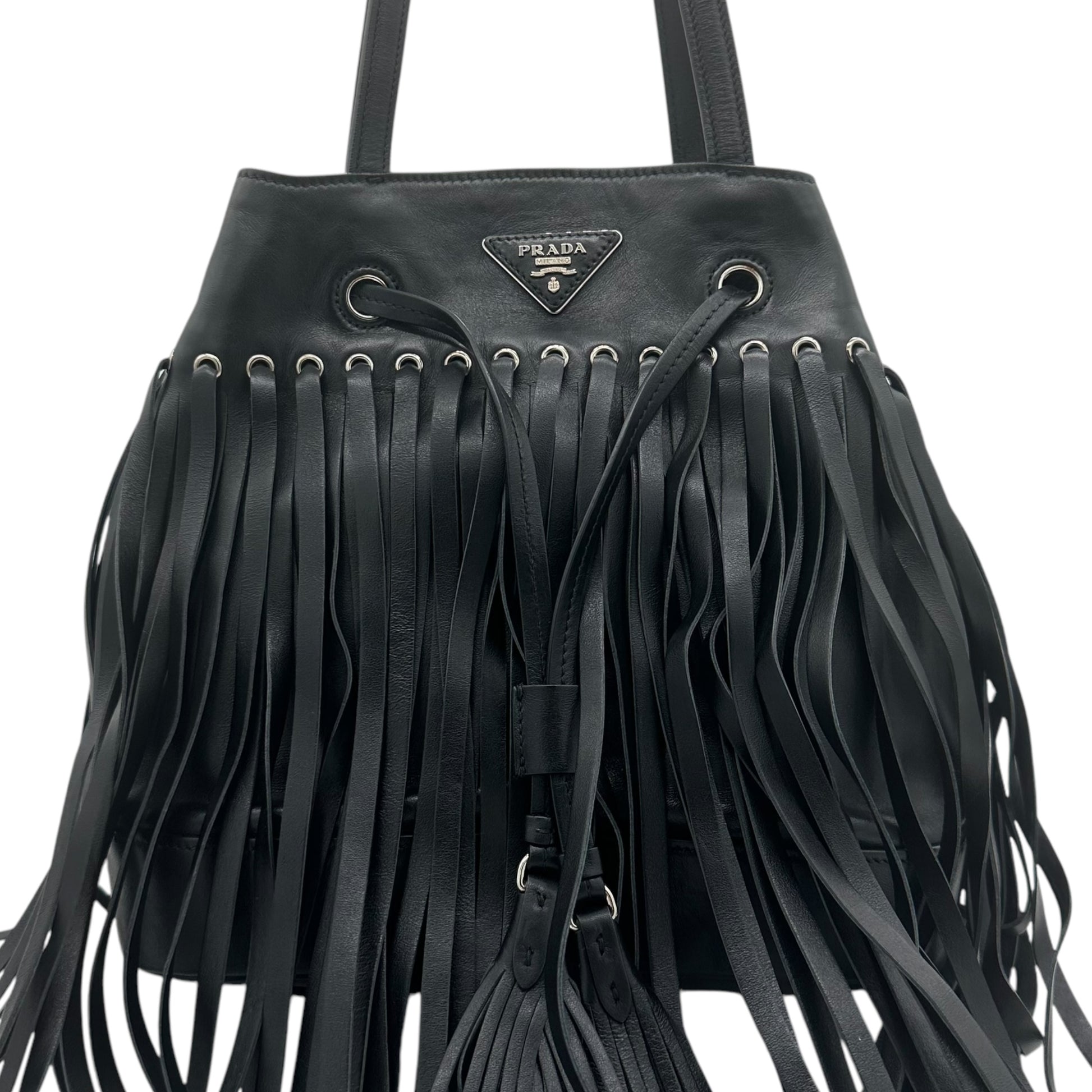 Prada Black Leather Fringe Bucket Bag - Outfit Repeater