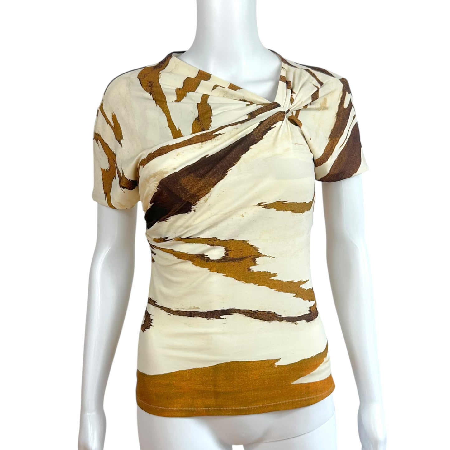 Roberto Cavalli 2008 Ivory & Brown Zebra Print Asymmetrical Neckline T-Shirt