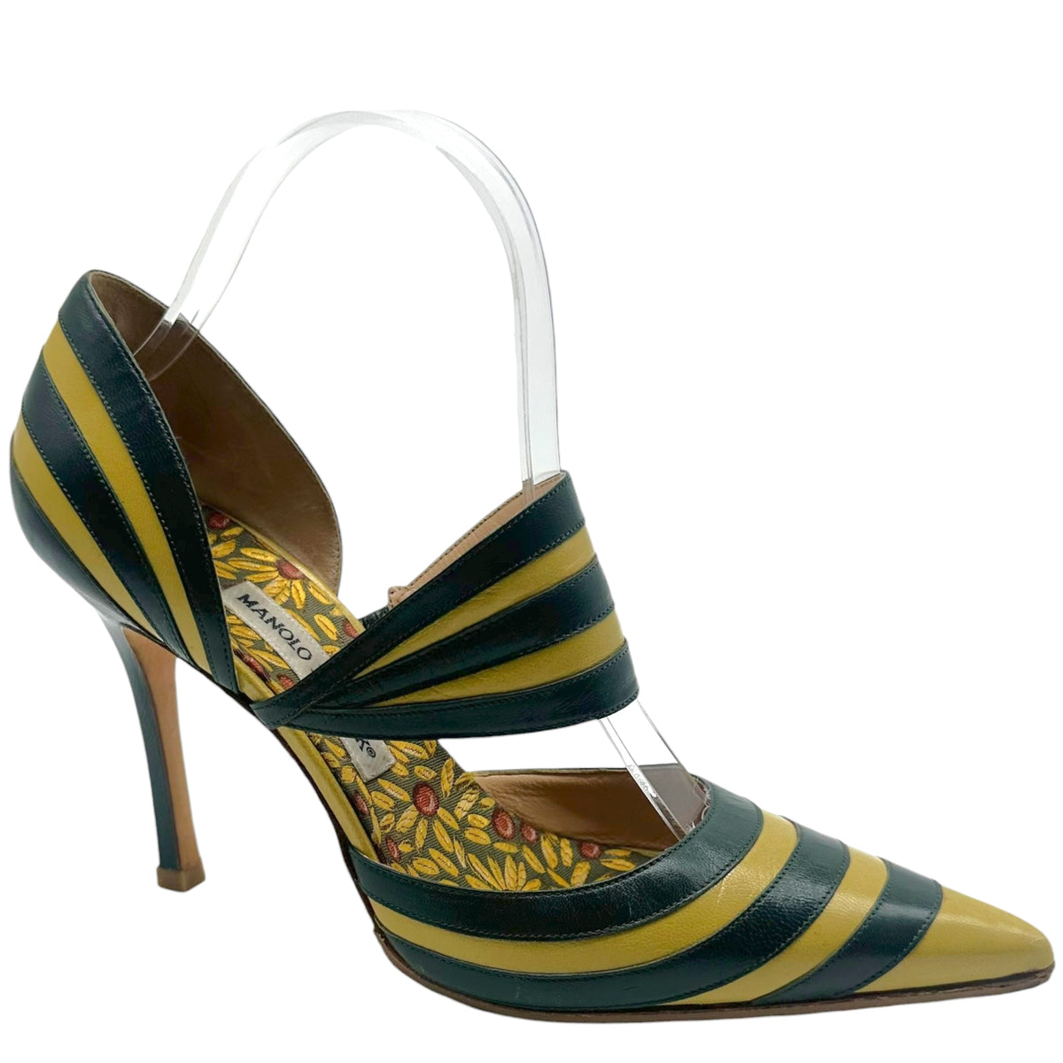Manolo Blahnik Pointed Toe Pumps Dark Green Yellow Stripes