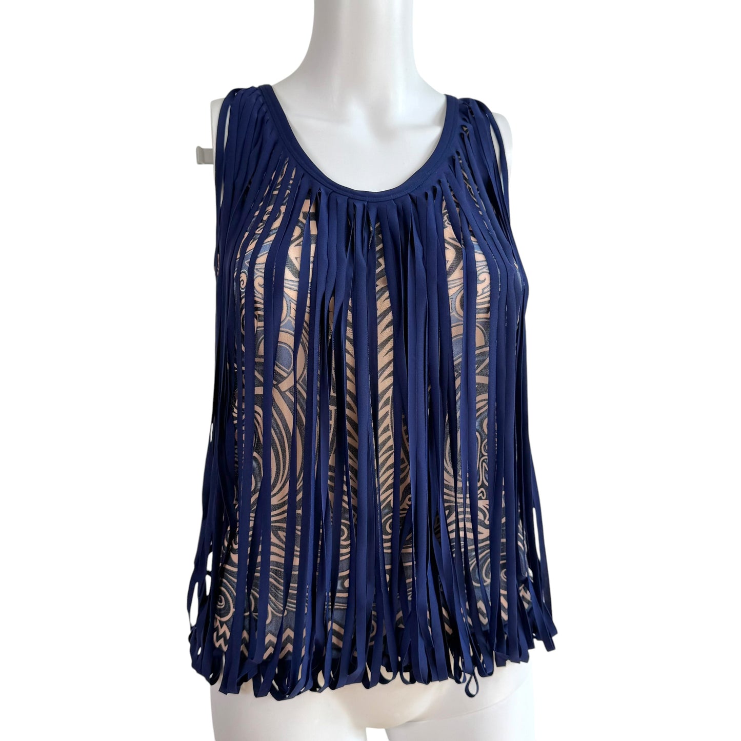 Jean Paul Gaultier Soleil Blue & Beige Tribal Print Mesh Tank w/ Fringe Overlay