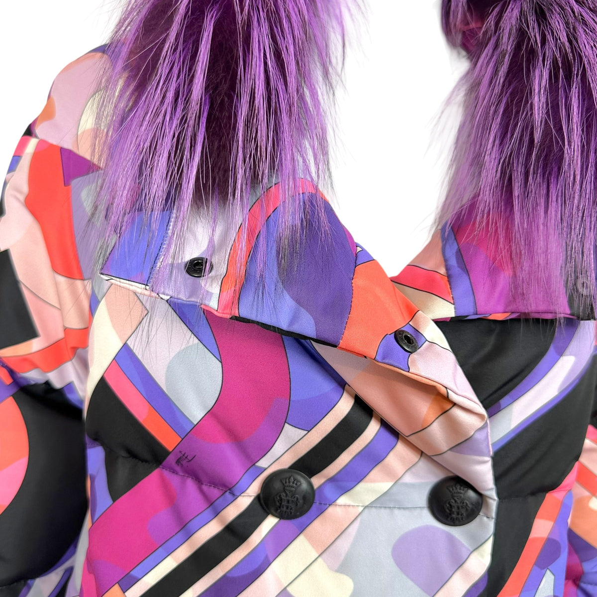 Emilio Pucci Puffer Coat Pink Purple Print Fur Collar