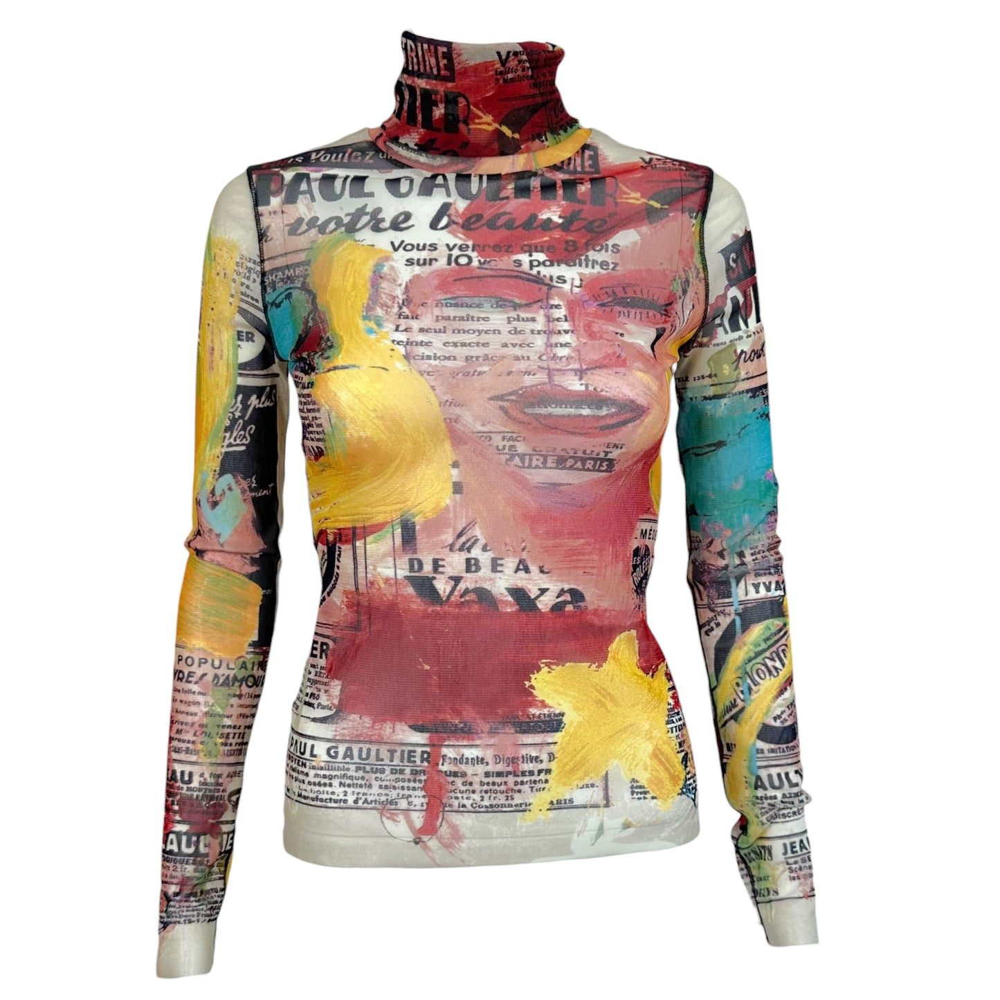 Jean Paul Gaultier Multicolor Newsprint Mesh Turtleneck Top