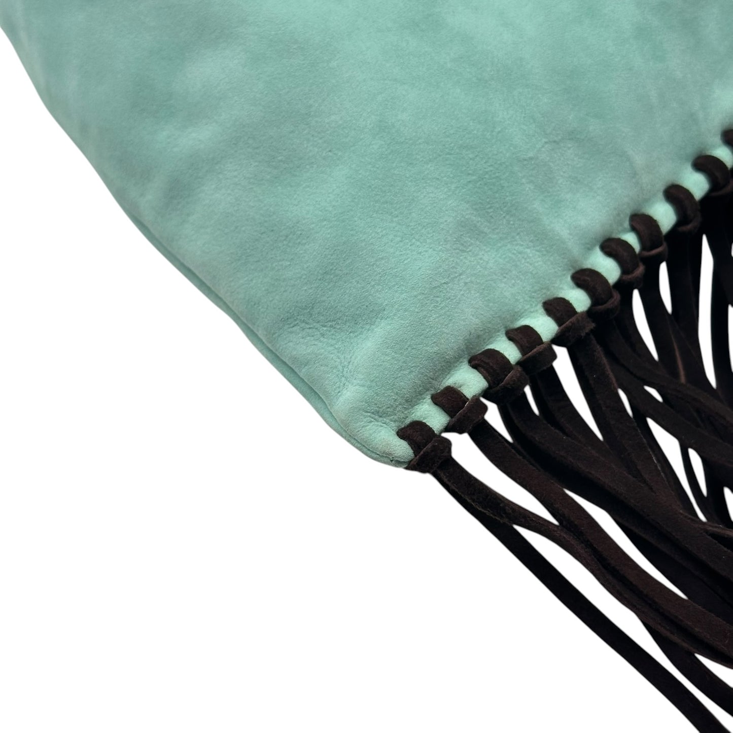 Valentino Garavani Turquoise & Brown Suede Fringe Trim Bracelet Handle Clutch Bag