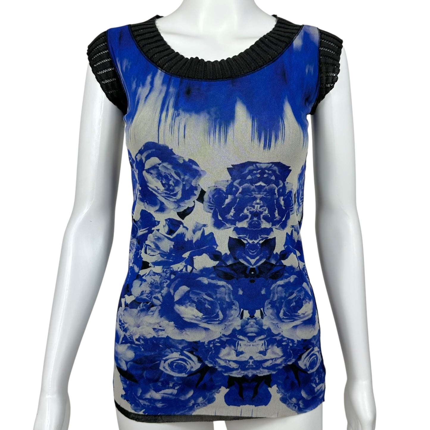 Jean Paul Gaultier Blue Rose Print Mesh Tank