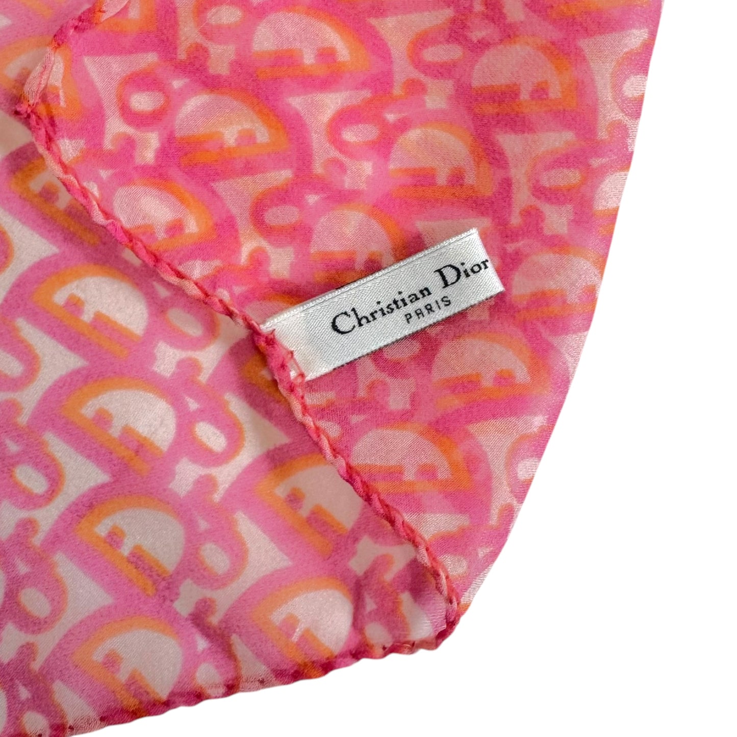 Christian Dior Hot Pink & Orange Trotter Monogram Sheer Silk Square Scarf