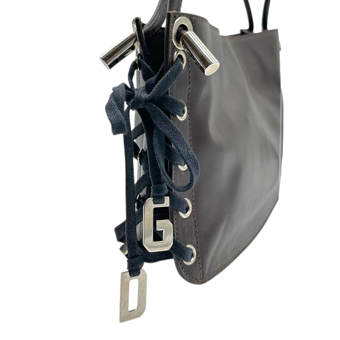 Dolce & Gabbana Brown Leather Navy Lace Up Side Shouler Bag