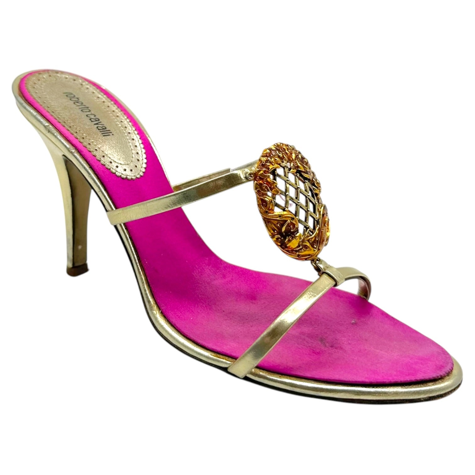 Roberto Cavalli Strappy Heeled Sandals Gold Pink Rose