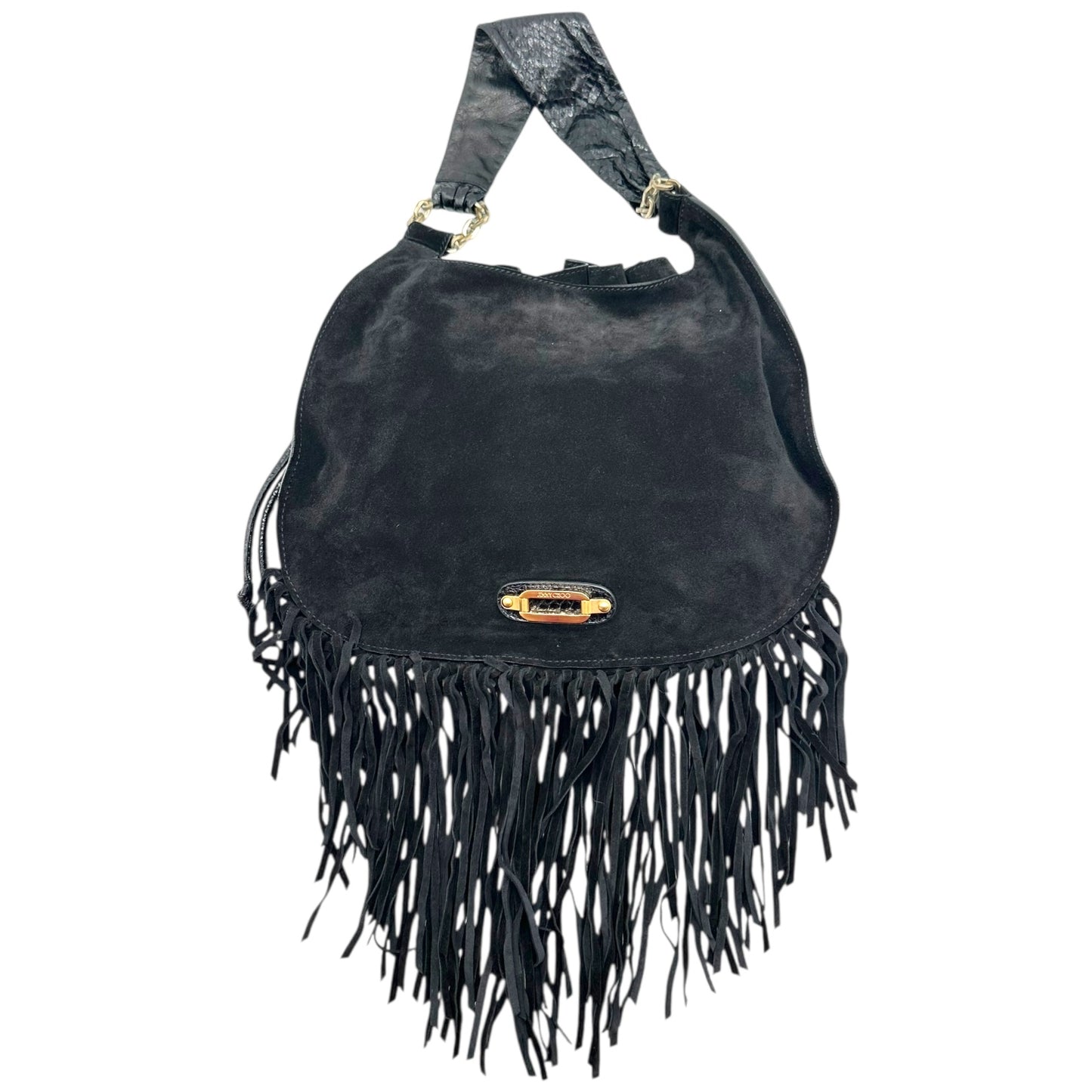 Jimmy Choo Black Suede & Snakeskin Fringe Trim Hobo Bag