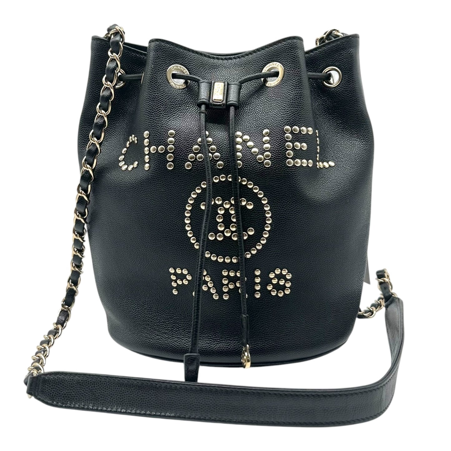 Chanel Black Caviar Bucket Bag Crossbody with Studded Logo