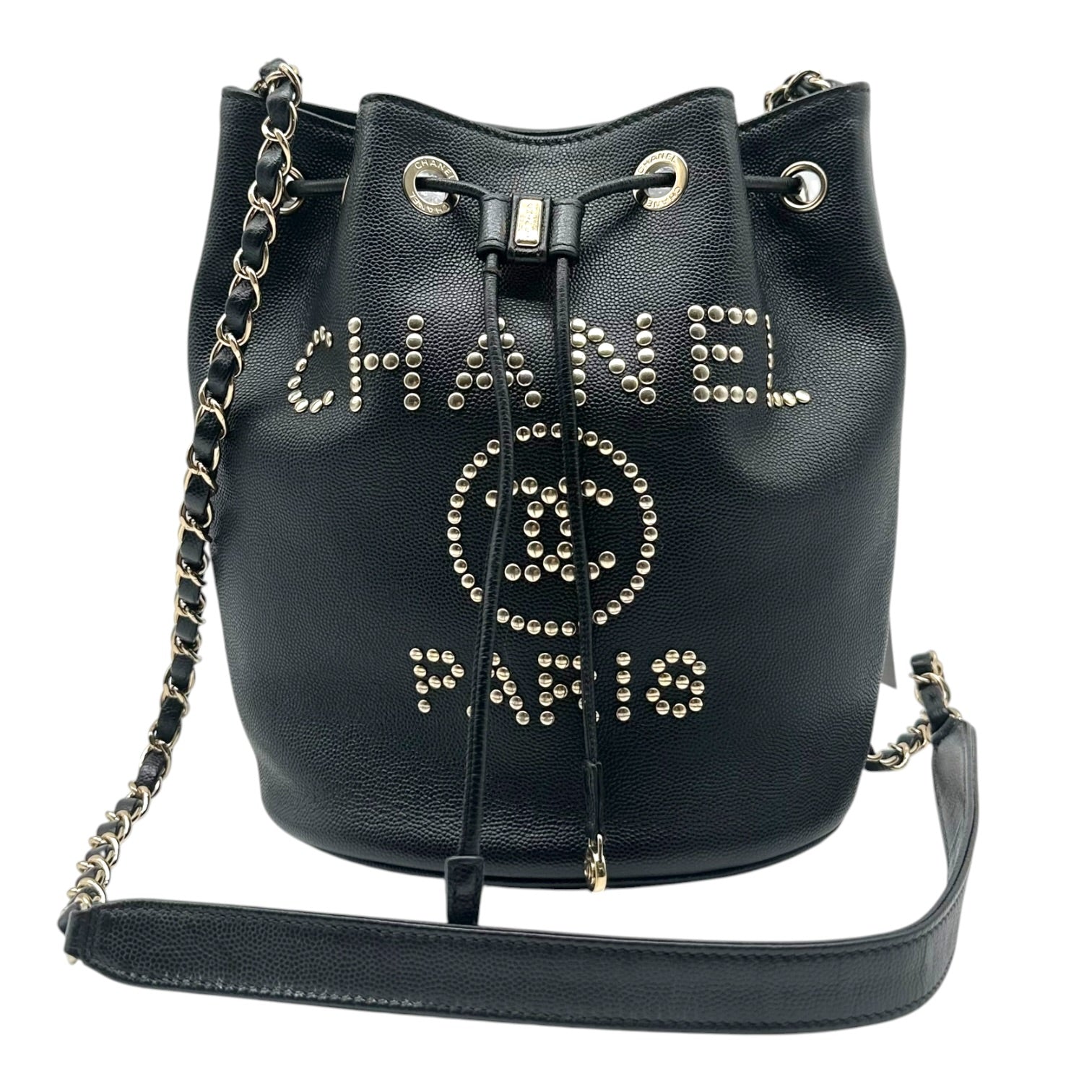 Chanel Black Caviar Bucket Bag Crossbody with Studded Logo
