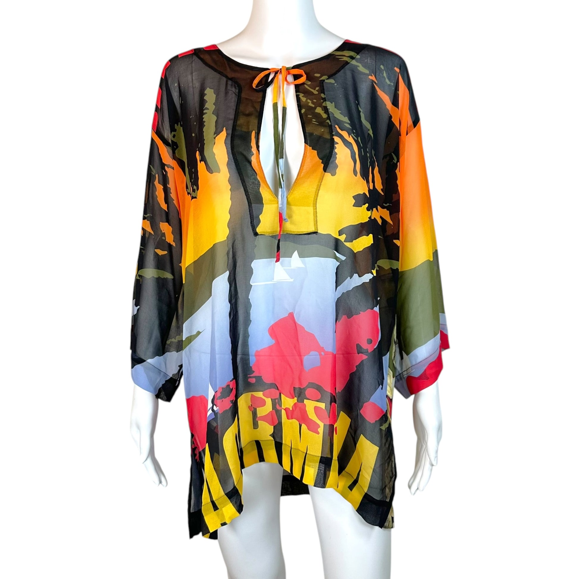 D&G Sheer Silk Mini Dress Abstract Pattern Orange Blue