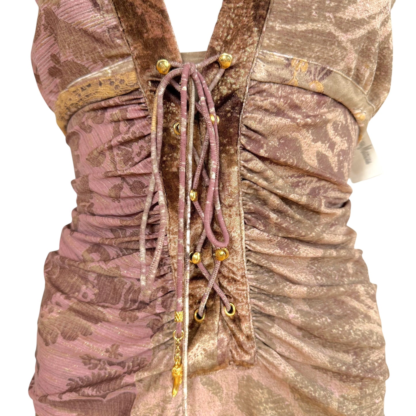 Roberto Cavalli 2005 Purple Metallic Damask Print Lace Up Sleeveless Top NEW