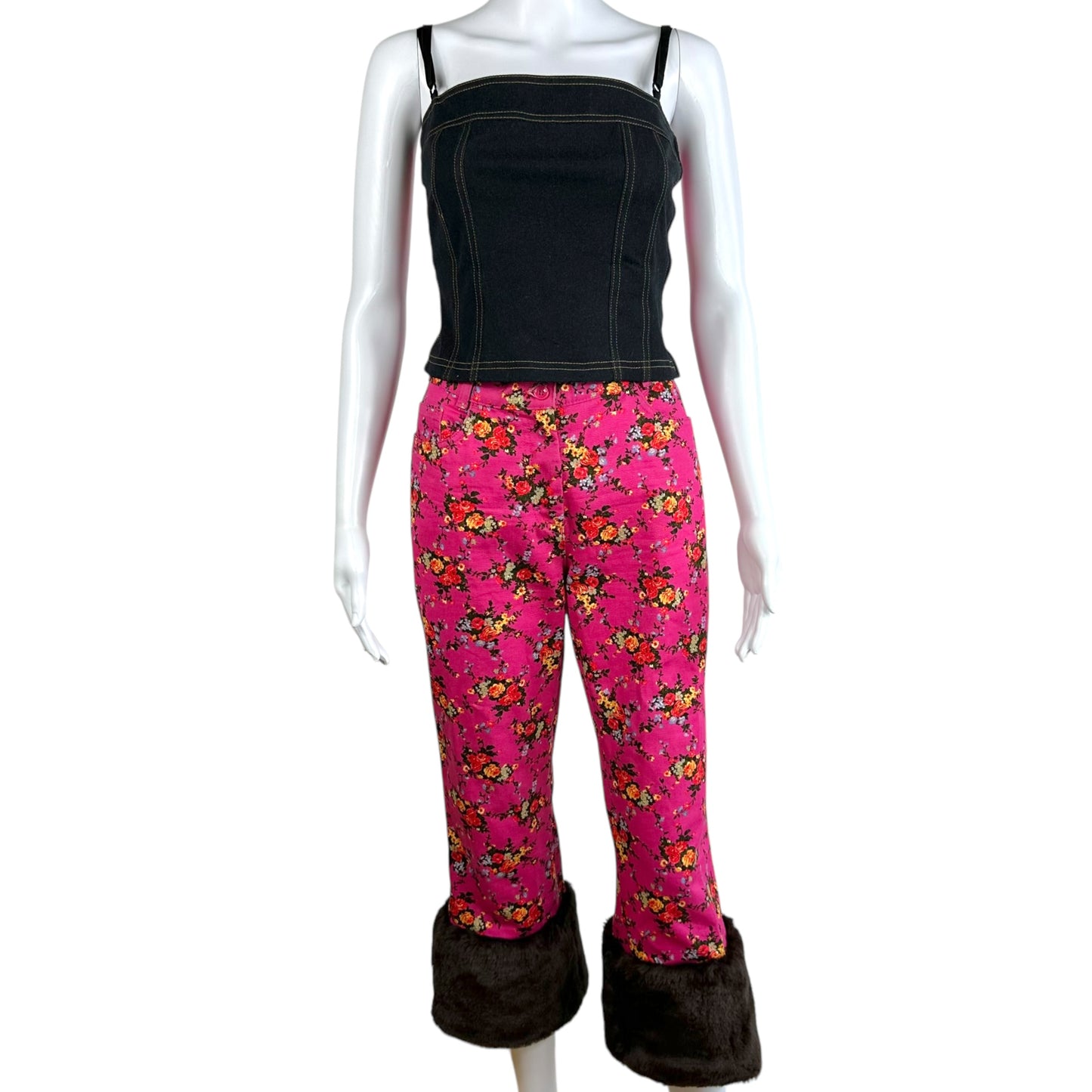 D&G Dolce & Gabbana Faux Fur Trim Floral Capri & Crop Top Set