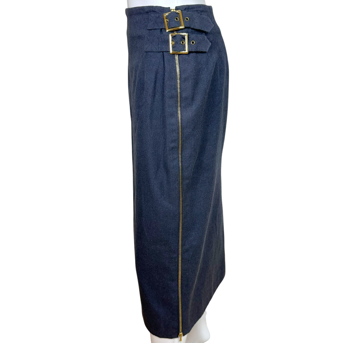 Christian Dior Dark Denim Midi Skirt With Gold Buckle