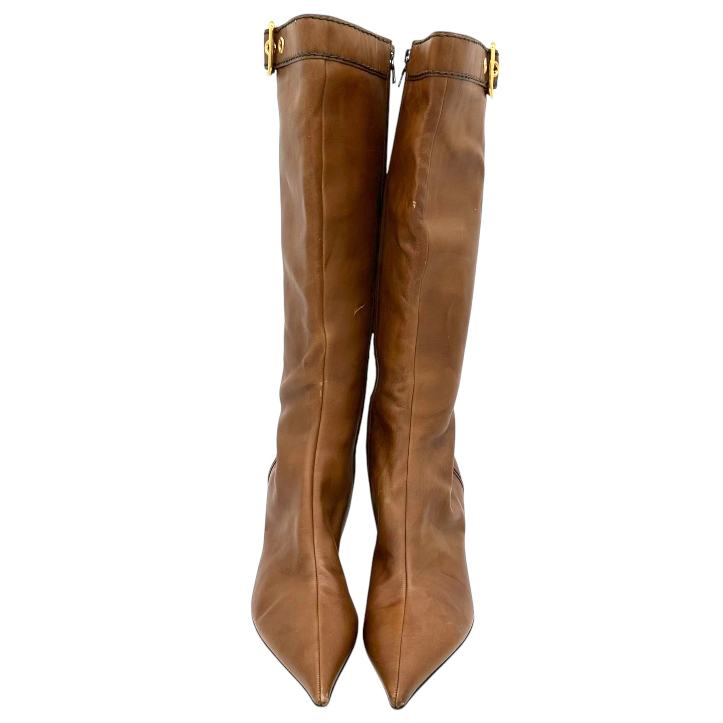 Prada Brown Leather Pointed Toe Heeled Boots