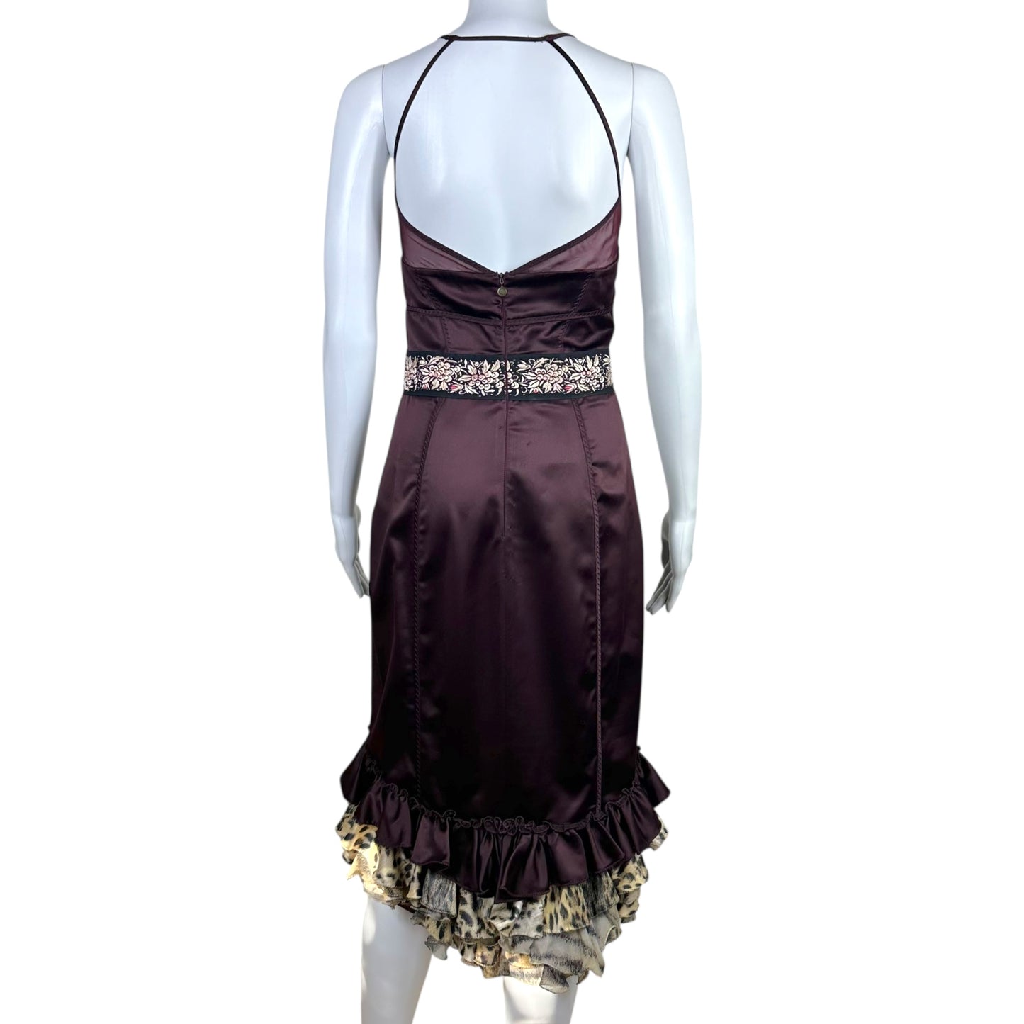 Just Cavalli Roberto Cavalli Burgundy Satin Bustier Midi Dress w/ Leopard Trim - Outfit Repeater