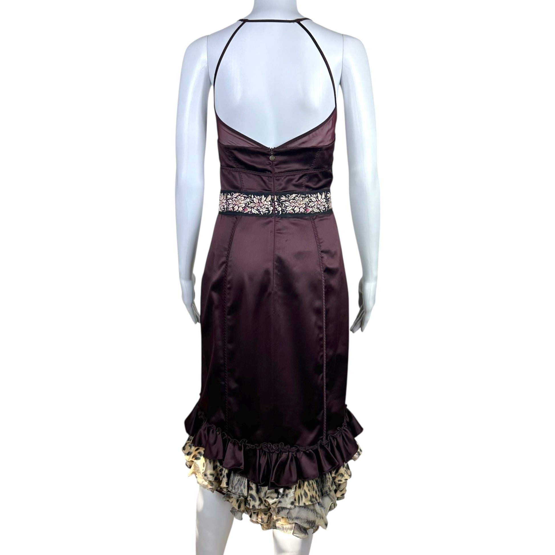 Just Cavalli Roberto Cavalli Burgundy Satin Bustier Midi Dress w/ Leopard Trim - Outfit Repeater
