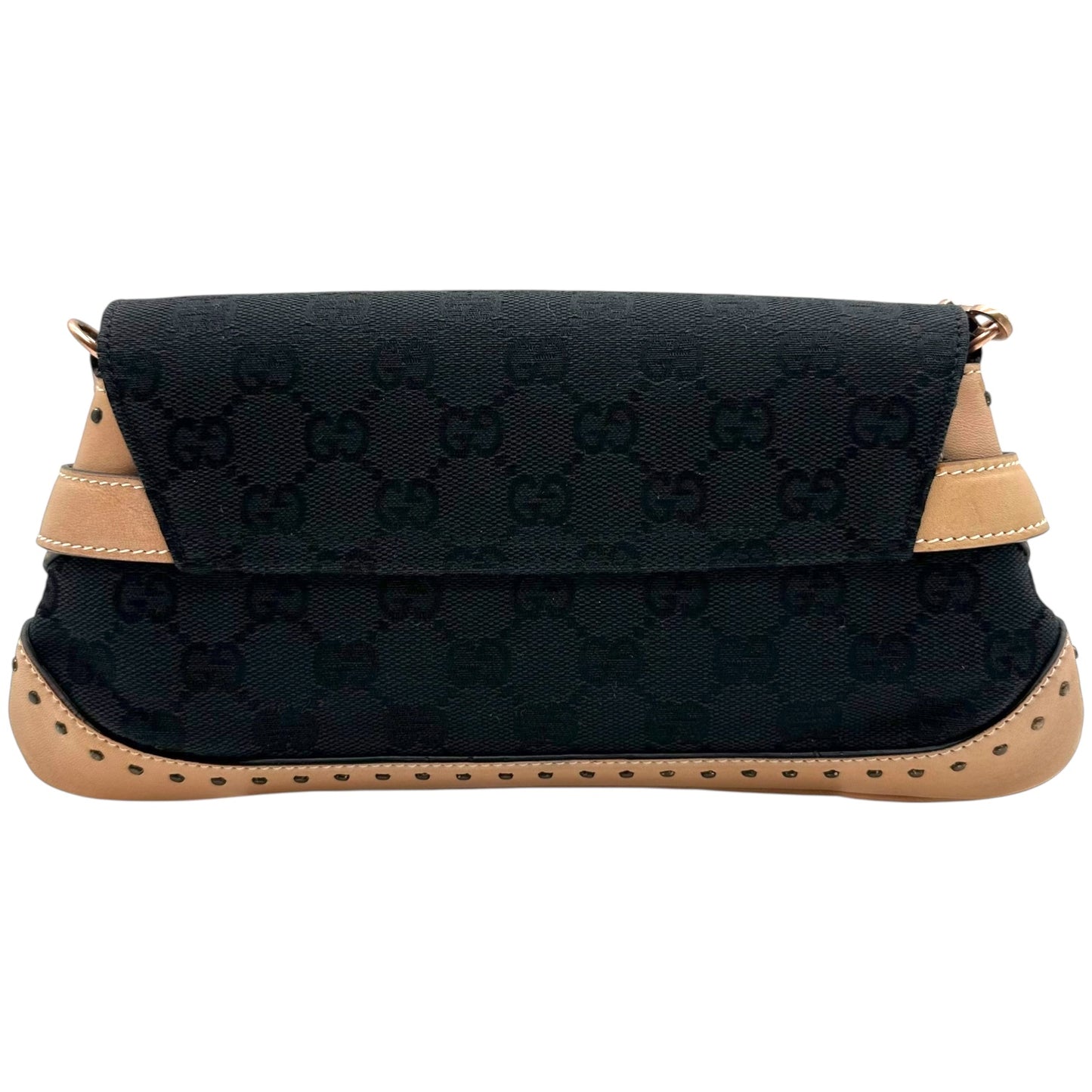 Gucci Black Monogram Canvas & Tan Leather Trim Horsebit Clutch RARE