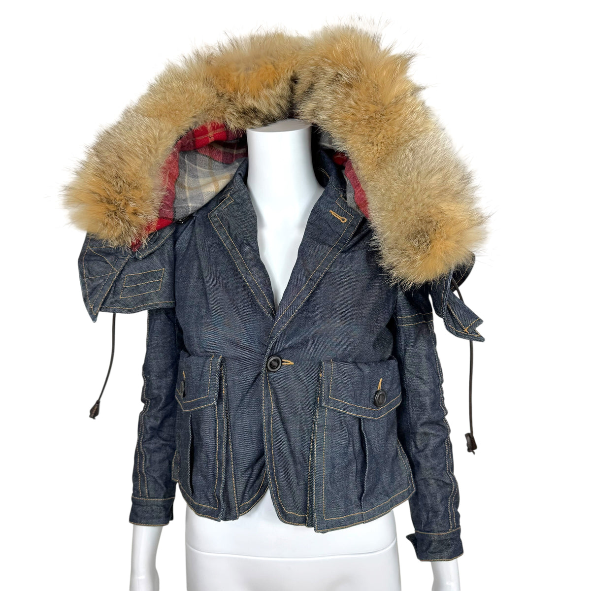 Dsquared2 Dark Wash Denim 3/4 Sleeve Fox Fur Trim Hood Jacket