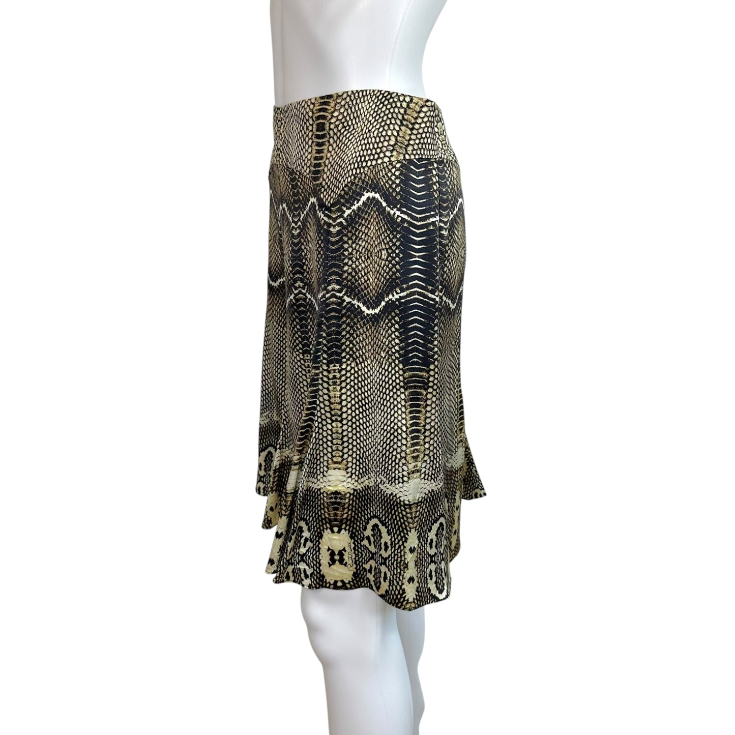 Roberto Cavalli F/W 2005 Black & Brown Python Print Silk Midi Skirt