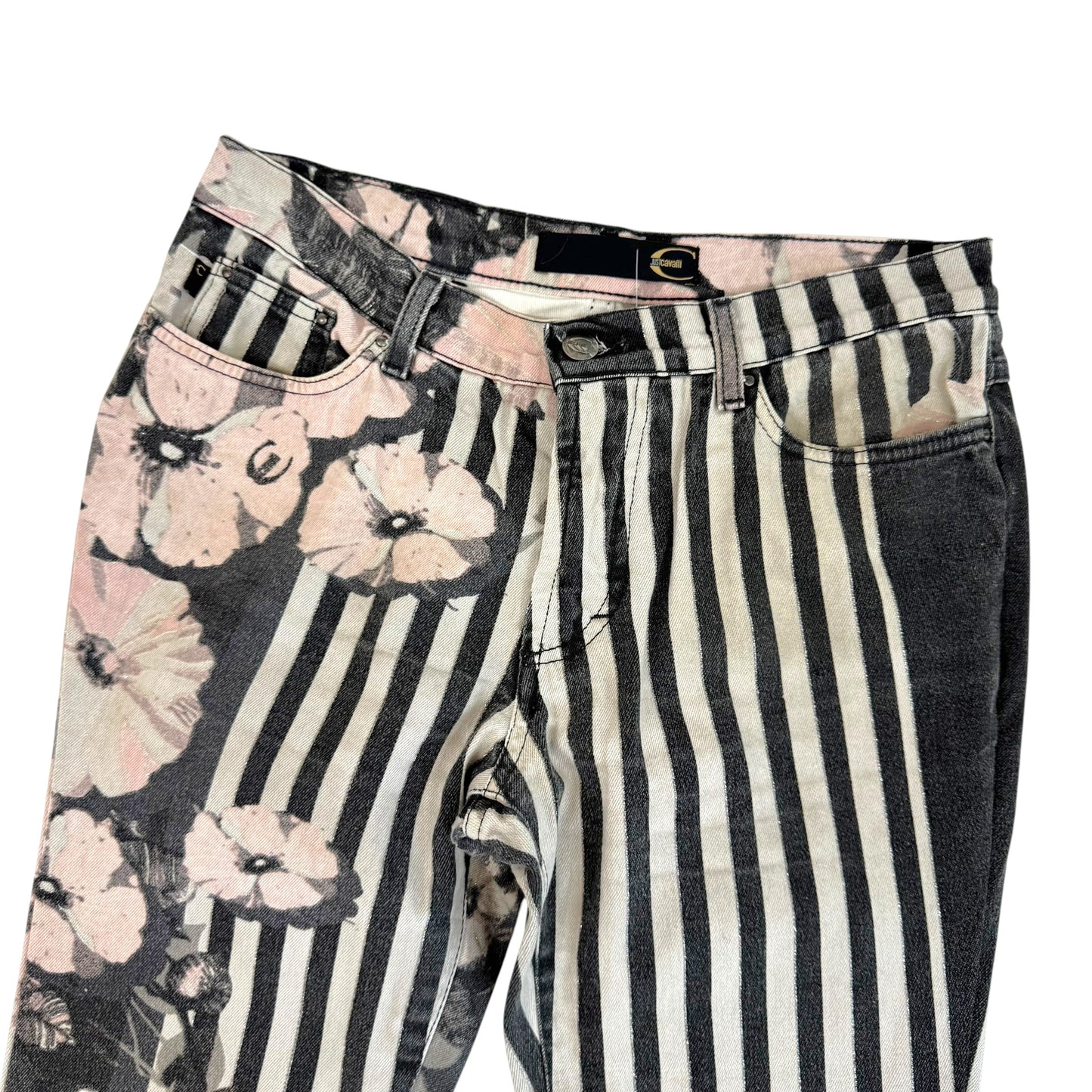 Just Cavalli Roberto Cavalli Striped & Floral Pink & Black Printed Jeans