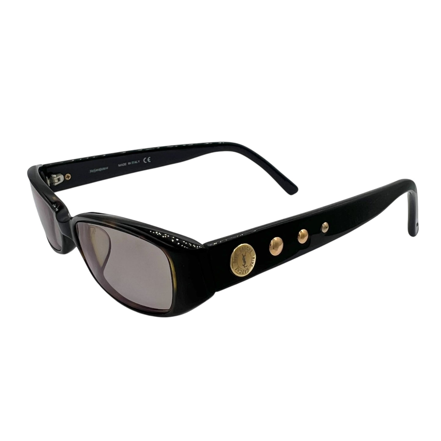 Yves Saint Laurent Rive Gauche Black & Gold Studded Slim Rectangle Sunglasses YSL-4010J w/ Case