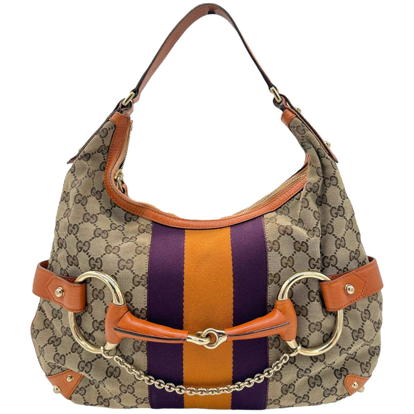 Gucci Hobo Bag Tan Monogram Orange Purple Horsebit