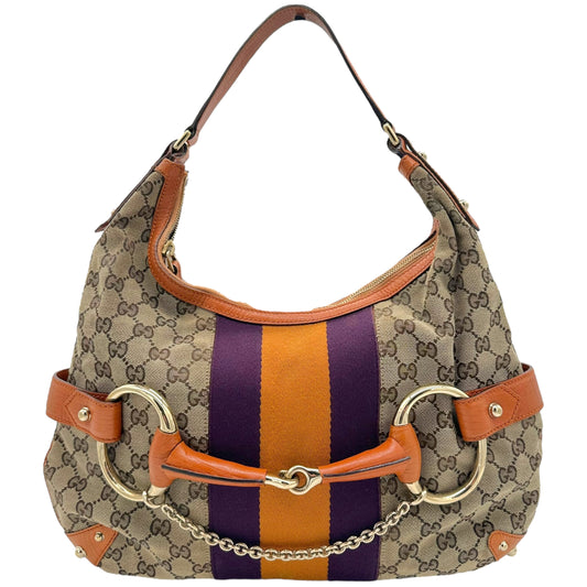 Gucci Tan Monogram & Orange / Purple Horsebit Hobo Bag
