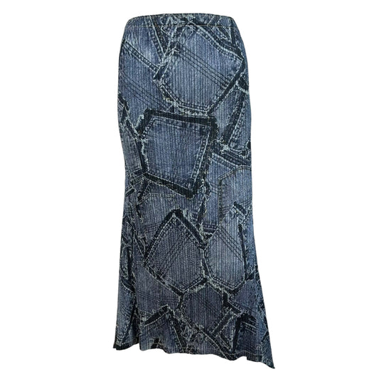 Issey Miyake Pleats Please Patchwork Denim Print Maxi Skirt