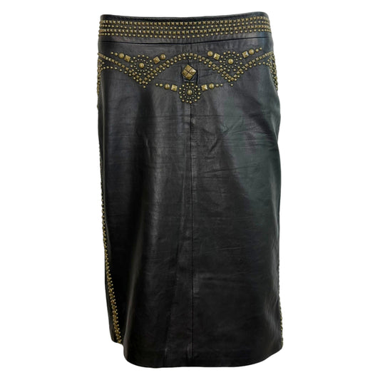 Roberto Cavalli F/W 2005 Black Leather & Gold Studded Midi Skirt