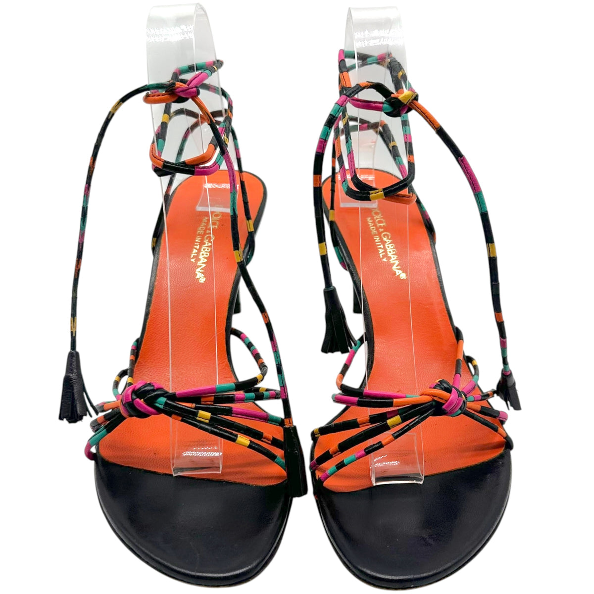 Dolce & Gabbana Black Multicolor Striped Wrap Sandal Heels