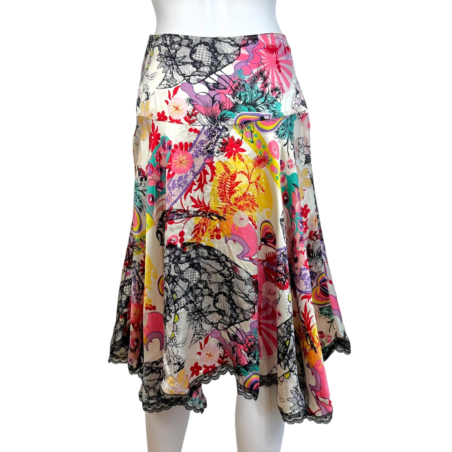Christian Lacroix Bazaar Multicolor Floral Print Silk & Lace Midi Skirt