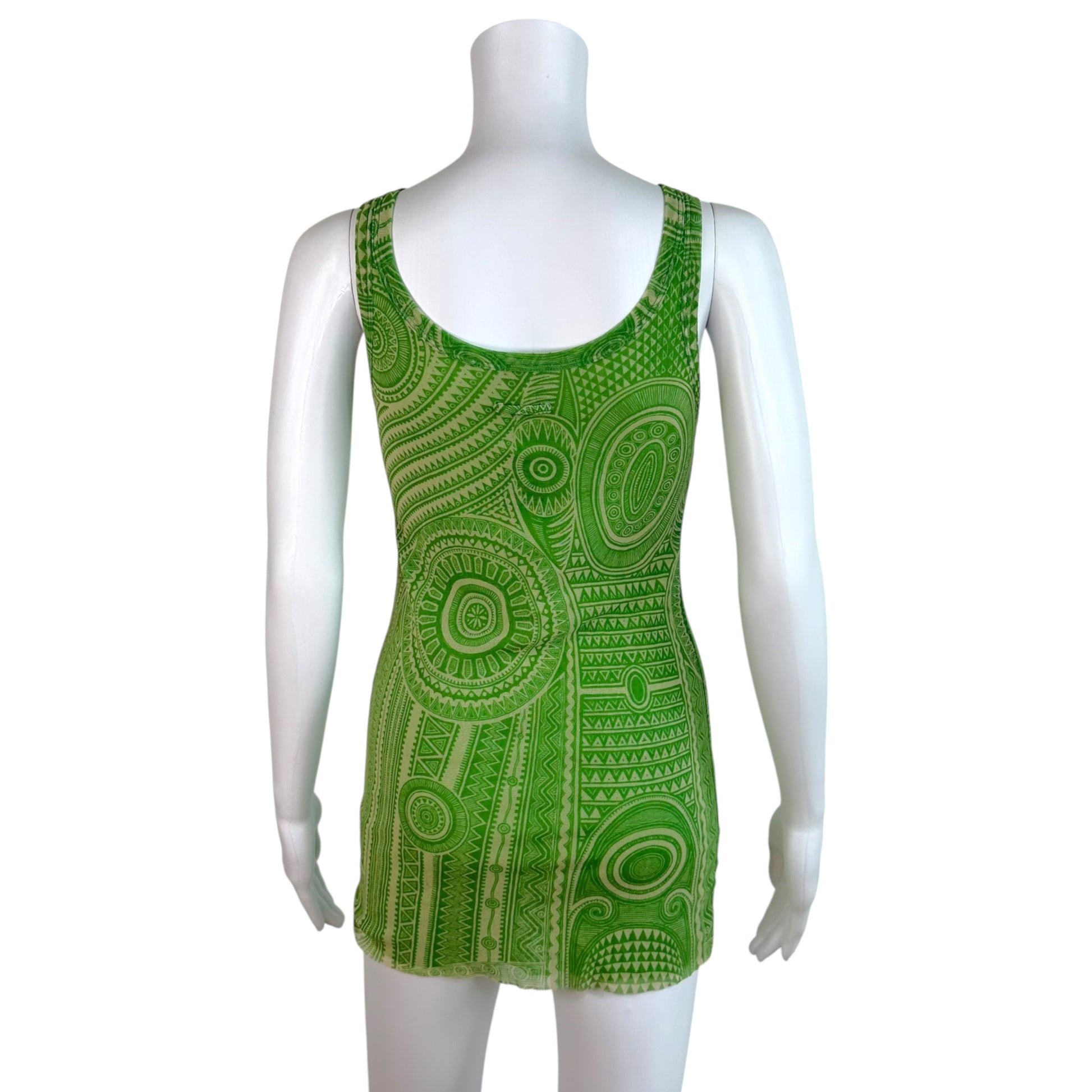 Jean Paul Gaultier Green Ivory Tribal Printed Mesh Tank Top