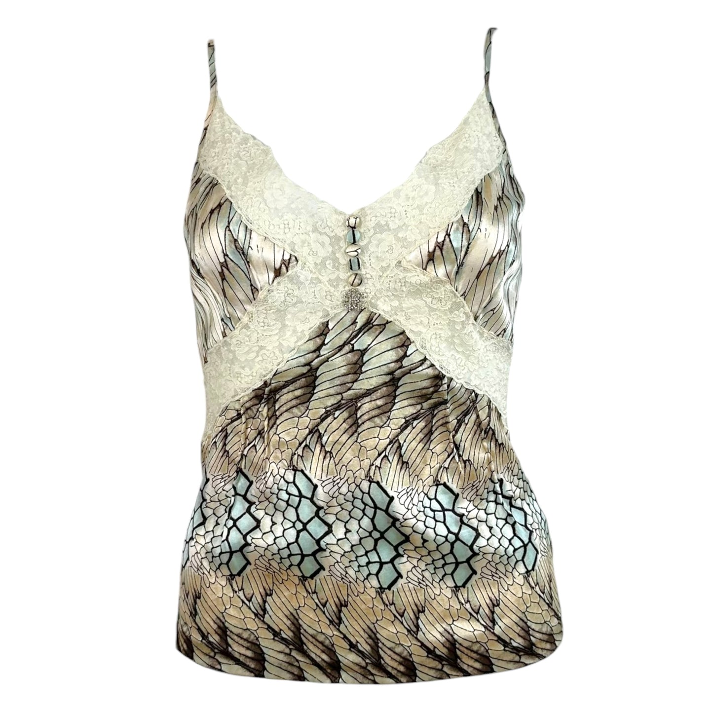 Roberto Cavalli Silk Lace Cami Blue Feather Print