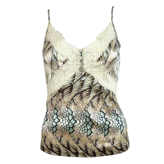 Roberto Cavalli 2006 Blue Feather Print Silk & Lace Cami
